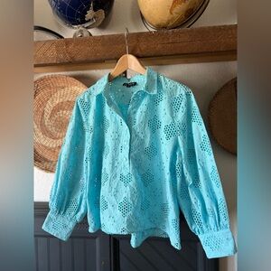 J Crew floral  Eyelet Lace Puff Sleeve Pop Over Blouse Size large aqua blue